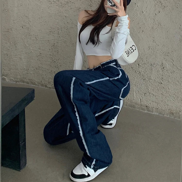 Advbridge Y2K Dark Blue brown High Waist Streetwear Open Line Decoration Jeans Harajuku Cargo Jeans  Women Pants Straight wide leg jeans