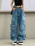 Advbridge Y2k Vintage Cargo Pants Women Multi-pocket Blue High Waist Jeans Streetwear Fashion Harajuku Casual Denim Wide Leg Pants