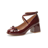 Advbridge Red Mary Jane Women Pumps New Fashion Bowknot Thick High Heels Female Lolita Square Toe Party Leather Shoes for Woman Sandals