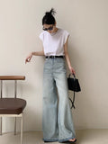 Advbridge  Women's Burr Edge Design Wide Leg Jeans Cool Girl High Waisted Wash Blue Loose Thin Pants Female Casual Baggy Denim Trousers