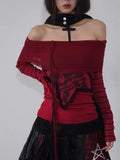 Advbridge  Gothic Off Shoulder Women T-shirts Red Harajuku Striped Japanese Y2k AestheticLong Sleeve Tops Vintage Goth Sexy Tshirts