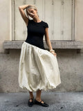 Advbridge Contrasting Loose Puff Pleated Hem Long Dress Women Fashion O Neck Short Sleeves A Line Midi Dresses Chic Lady High Street Robes