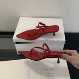 ADVBRIDGE  -  Red Thong Heeled Sandals Woman Low Heels Sandals Black Pointed Toe Belt Buckle Summer Shoes Comfort Sandalias De Mujer Verano