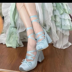 Advbridge Pink Purple Blue White Black Cross-strap High Heels Thick Heel Girl Ballet Shoes Outside Y2K Elegant Satin Lolita Single Shoes