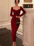 Advbridge Elegant Red Bodycon Midi Dresses for Women Chain Square Collar Long Sleeves Slim Autumn New Fashion Slit Party Dress Prom Robe