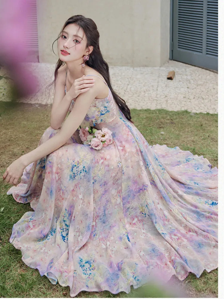 ADVBRIDGE  -  Women Summer Suspenders Dresses Sweet Oil Paint Print Retro Ruffle Strapless Elegant Sling Dress Chiffon Women's Fairy Vestidos