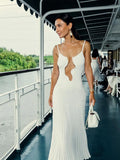 Advbridge Elegant Cut Out White Long Dress For Women Fashion Patchwork Pleated Backless Sling Dresses Lady summer New Holiday Beach Robes
