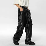 Advbridge Mens American Y2k Multi-Pocket Leather Overalls New Essential Youth Loose Casual Street Solid Color Punk Leather Pants For Men
