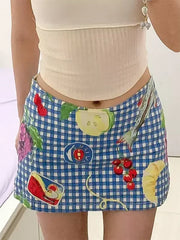 ADVBRIDGE  -  Kawaii Fruit Printed Blue Half Skirt American Style Sweetheart Checkered Short Skirt Cute Y2k Girl Fashion A-line Skirt