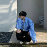 Advbridge Spring Clothing Men's Leisure Striped Zipper Short Shirt Jacket  Korean Sky Blue Harajuku Long Sleeve Light Luxury Coats