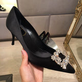 Advbridge Luxury Rhinestone Pointed Toe Stiletto Heel Women Satin Designer Dress Shoes Ladies Elegant Crystal Wedding Bridal Shoes Pumps
