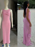 Advbridge Knitted Beach Long Dress Women Summer Sleeveless O-neck Bow Slim Bodycon Maxi Dresses Hip Package Solid High Waist Robe