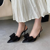 ADVBRIDGE  -  Burgundy Stiletto Heel Pumps Woman Pointed Toe Slingback Shoes Summer Low Heels Bow Dress Shoes Classic Office Ladies Shoes