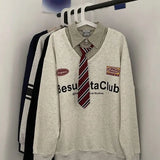 Advbridge Autumn Winter New Fake Two Pieces Sweatshirts Women Clothing Boys Vintage Turn-down Collar Casual Trend Letter Sweatshirts