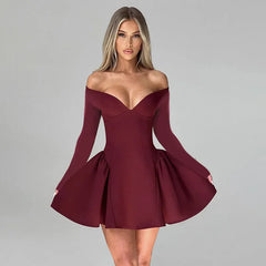 Advbridge Autumn Sexy Off Shoulder Mini Dress for Women Elegant Fashion A-line Long Sleeve Slim Christmas Evening Party Dress 2025