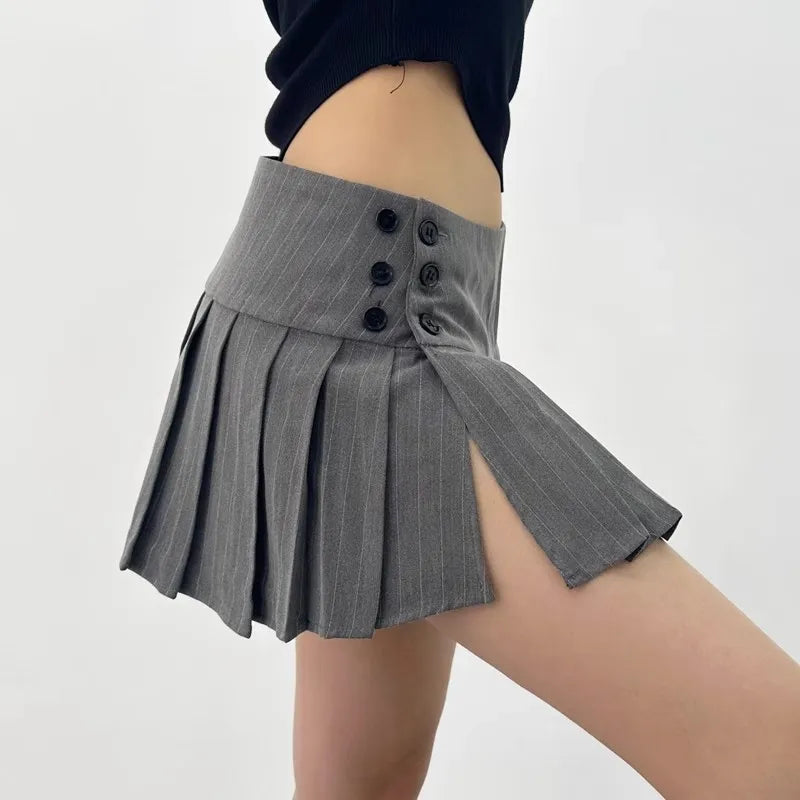 Advbridge Vintage Y2k Striped Pleated Skirt Women Sexy Preppy Style Low Waist Button Slim A-line Micro Mini Skirt Streetwear