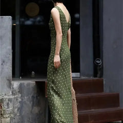 ADVBRIDGE  -  Summer Fashion Green Polka Dot Dress Women French Retro Elegant Slim Long Womens Dresses V-neck Sleeveless Silk Vestido