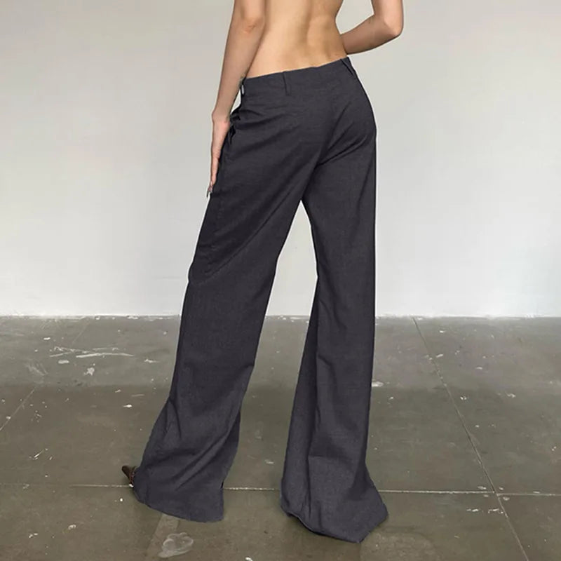 Advbridge Gray Vintage Suit Pants Women Low Waist Streetwear Wide Leg Pants Y2K Office Lady Elegant Slim Casual Flare Trousers