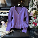 Advbridge 2025 Winter Casual Knitting Long Sleeve Purple Cardigans Women's Vintage Office Lady V-Neck Solid Color Elegant Slim Sweater Top