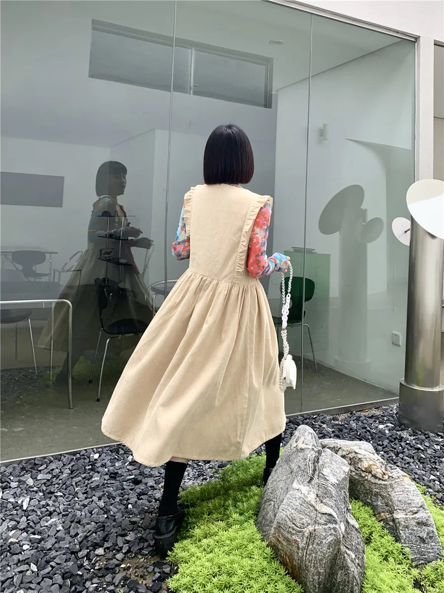 Advbridge Corduroy Khaki High Fashion Heart Sleevless Long Dress For Women Designer A Line Cut Out Midi Dress Aestethic