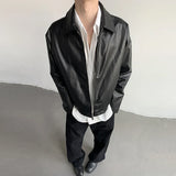 Advbridge Men's Casual Texture PU Leather Jacket High Street Zippers Turn-down Collar Long Sleeve Retro Popular Coat  Autumn Clothing