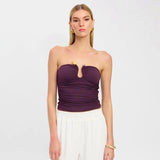 Advbridge  Solid Wrapped Chest Metal Decoration Bare Back Super Short Top Shrink Fold  Agate Sleeveless One Line Shouler Vest