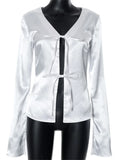 Advbridge Satin Hollow Out Lace-Up Cardigan Top For Women V-Neck Solid Patchwork Cropped Shirts Casual Autumn Bandage Y2k Top Tee