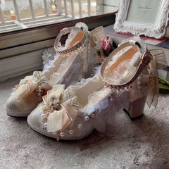 Advbridge Girl's Heart Handmade Sweet Flower Wedding High Heels White Gold Female Lolita High Heels Thick Heels Lo Shoes Stage Performance