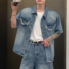 Summer New Y2k Streetwear Retro Old Shirt Men Tide Short Sleeved Denim Shirts Loose Lapel Pockets Design Wearproof Leisure Tops