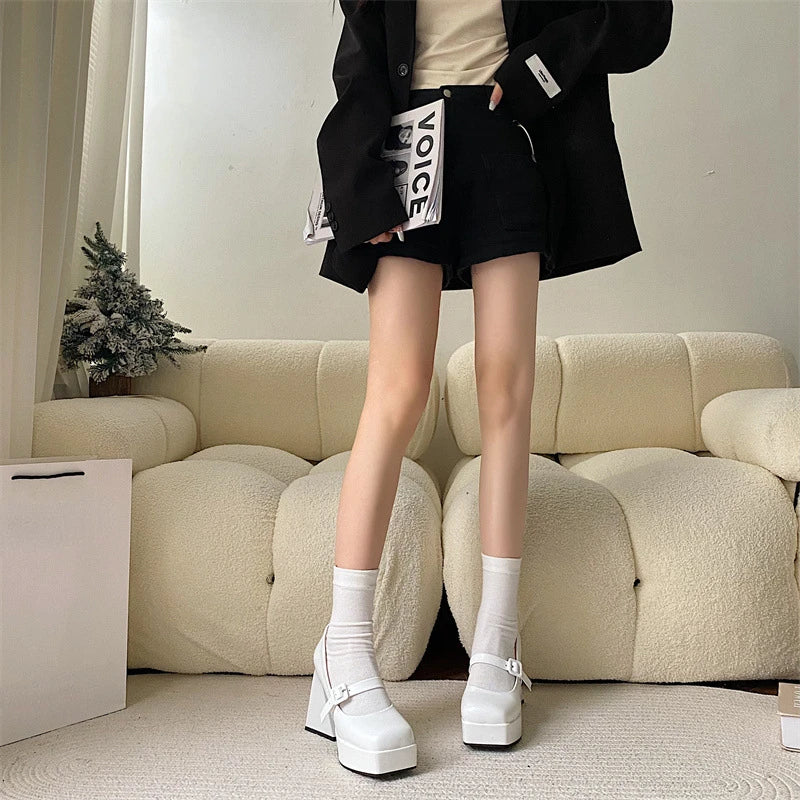 Advbridge Super High Heels Black Mary Jane Shoes Women New Vintage Platform Pumps Woman Square Toe Buckle Strap Chunky Heel Shoes Y2k