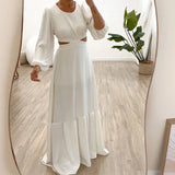 Advbridge Women Simple Solid Color Long Sleeve Dress Elegant O Neck Big Hem Pleated Dress Fashion High Waist Hollow Backless Lace-up Dress