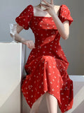 ADVBRIDGE  -  Spring Dress Women's Red Printed Retro Square Neck Dress Puff Sleeve Temperment Feminine Chiffon Vestidos Elegant Female