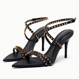 ADVBRIDGE  -  Luxury Designer Rivet Embellished Thin Heeled Sandals Women Summer Sexy Pointed Toe Ankle Strap High Heels Elegant Party Shoes