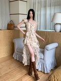 ADVBRIDGE  -  French Retro Printed Dress Women Summer Short Sleeved Chiffon Square Neck Vestidos Elegant Irregular Ruffle Design Fashion Dress