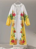 ADVBRIDGE  -  Print Linen Dress Women Elegant Loose Lace Up V Neck Vintage Vestidos Female 2024 Summer Long Sleeves Fashion High Waist Robe