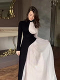 Advbridge 2024 Elegant Contrast Spliced Pleated Maxi Dress Women's Chic Mock Neck Long Sleeve Slim Robe Female New Party Evening Vestido