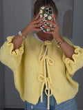 Advbridge Women's Chic Yellow Lace Up Hollow Out Knitted Cardigans Elegant Round Neck Ruffles Sleeves Sweater 2024 Lady New Loose Knitwear