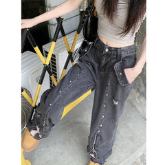 Advbridge Black High Waist Women Jeans Vintage Straight Casual Baggy Punk Hip Hop Y2K Street American Wide Leg Female Trouser Denim Pants
