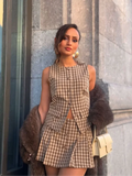 Advbridge Women Vest Mini Skirts Sets Elegant Plaid O-neck Slim Single Breasted Blouse Pleated Skirt Suit Female 2025 Summer Lady Outfits