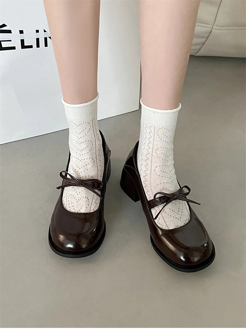 Advbridge Elegant Mary Jane Pumps Woman High Heels Shoes Leather Casual Shoes Women Square Heeled Shoes Ladies Sweet Style Lolita Shoes