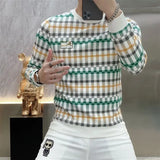Advbridge Men Clothing Trendy Plaid Print Business Casual Slim Sweatshirts Male Korean Round Neck Long Sleeve Slim Pullover Tops Sudadera