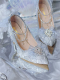 French Lolita Elegant Palaca Girl Shoes Noble Gentle Tea Party Lace Bowknot Pearls Gems Wedding Pointed Sandals 8cm High Heeled