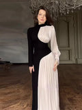 Advbridge 2024 Elegant Contrast Spliced Pleated Maxi Dress Women's Chic Mock Neck Long Sleeve Slim Robe Female New Party Evening Vestido