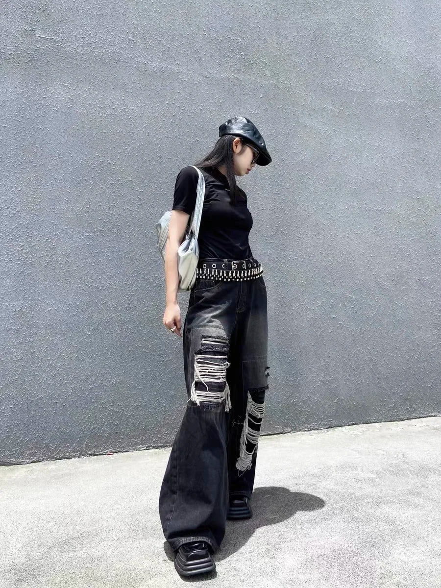 Advbridge Women's Black Gothic Y2k Ripped Jeans Baggy Aesthetic Denim Trousers Harajuku Oversize Jean Pants Vintage 2000s Trashy Clothes