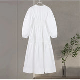 ADVBRIDGE  -  Elegant Lace Hollow Out Women's Long Dress Solid V-neck Patchwork Puff Sleeve Bodycon Dressess Female 2025 Spring New Lady Robes