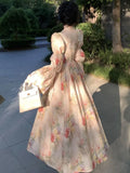 Advbridge French Printed Floral Midi Long Dress Women Autumn Square Collar Lantern Sleeve Lace-up Midi Vestidos Elegant One Piece Clothing