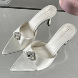 ADVBRIDGE  -  Fashion Satin Rhinestone Slippers Women Sexy Open Toe Thin High Heel Slide Sandals Summer Pointed Toe Elegant Heels Party Shoes
