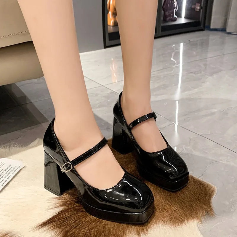 Advbridge -  New Black  Ankle Strap Platform Pumps Women Pu Leather Square Toe Mary Jane Shoes Woman Goth Thick High Heels Shoes Ladies