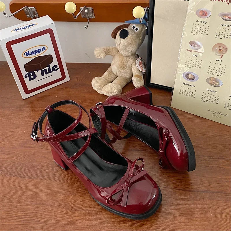 Advbridge Red Mary Jane Women Pumps New Fashion Bowknot Thick High Heels Female Lolita Square Toe Party Leather Shoes for Woman Sandals