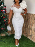 Advbridge Chic White Lace Dresses Chest Wrap Puff Sleeve Summer Midi Pencil Dress Elegant Women Birthday Party Date Night Wedding Gowns